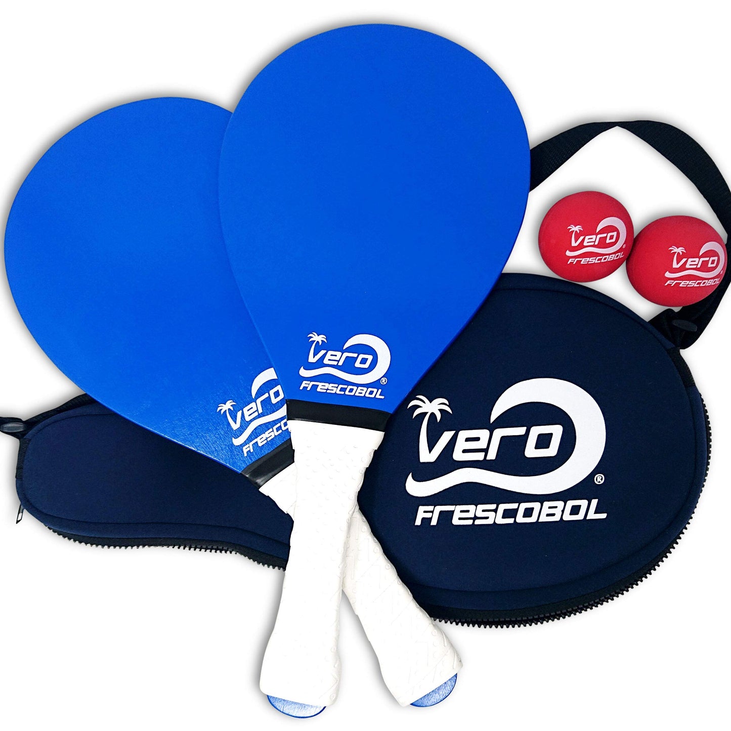 Frescobol Starter Set – 2 Vero Wood Beach Paddles with Premium White Padded Grips, Neoprene Carry Case, 2 Official Red Balls