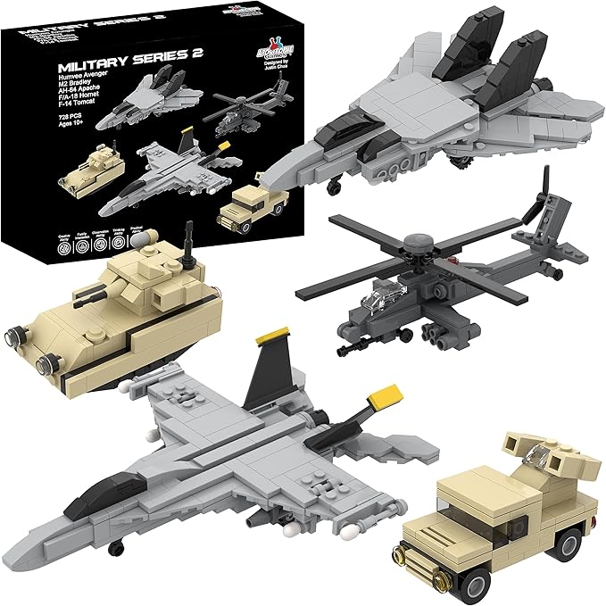 Apostrophe Games 5 Military Building Block Sets (730 Pieces) F/A-18 Hornet F-14 Tomcat Fighter Jet AH-64 Apache Helicopter M2 Bradley Tank and Humvee Avenger