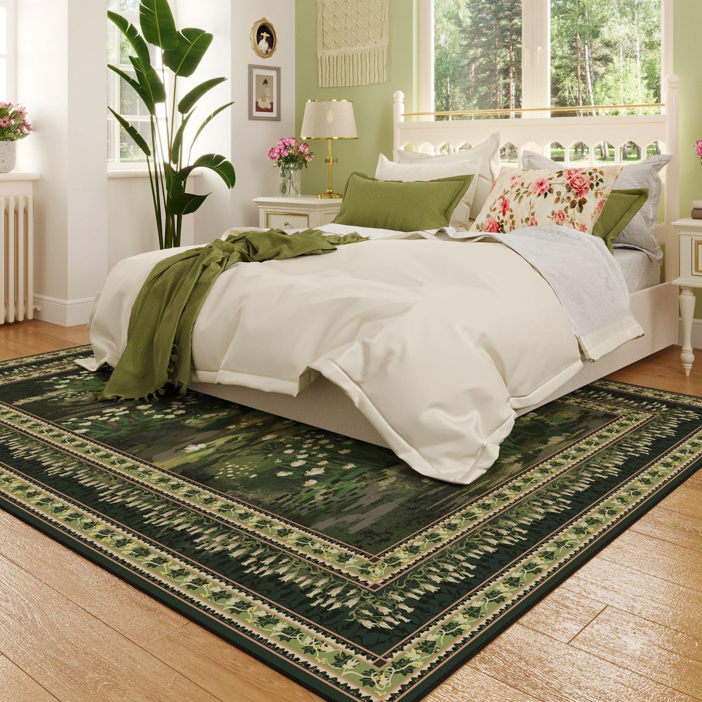 Rugcomf Area Rugs 8x10 Clearance Impressionist-Style Vintage Washable Area Rug Non Slip Low Pile Large Rug for Bedroom Farmhouse Dining Room Kids Playroom, Green