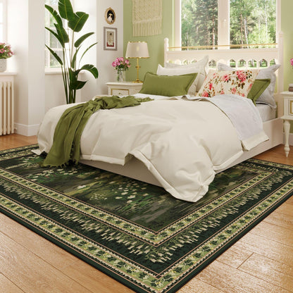 Rugcomf Area Rugs 8x10 Clearance Impressionist-Style Vintage Washable Area Rug Non Slip Low Pile Large Rug for Bedroom Farmhouse Dining Room Kids Playroom, Green