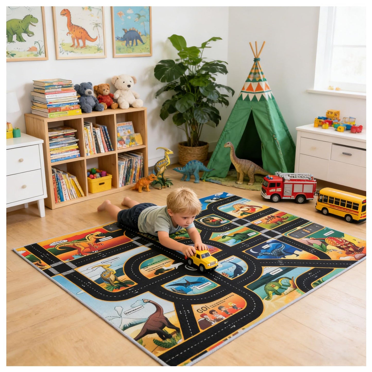 CLAILEIRS Cartoon Dinosaur Rug, Washable Dinosaur Mat with Road, Dino Play Mat Carpet for Boys Bedroom, Playroom (47"×71")