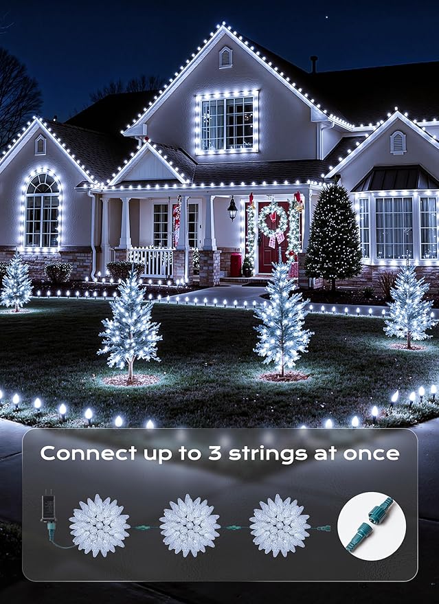 Minetom C9 Christmas Lights Outdoor, 72 FT 110 LED C9 String Lights, 8 Modes & Timer Connectable Waterproof for Christmas Tree Light Indoor Outdoor Roofline Patio Outside Yard Xmas Decor, White 72FT