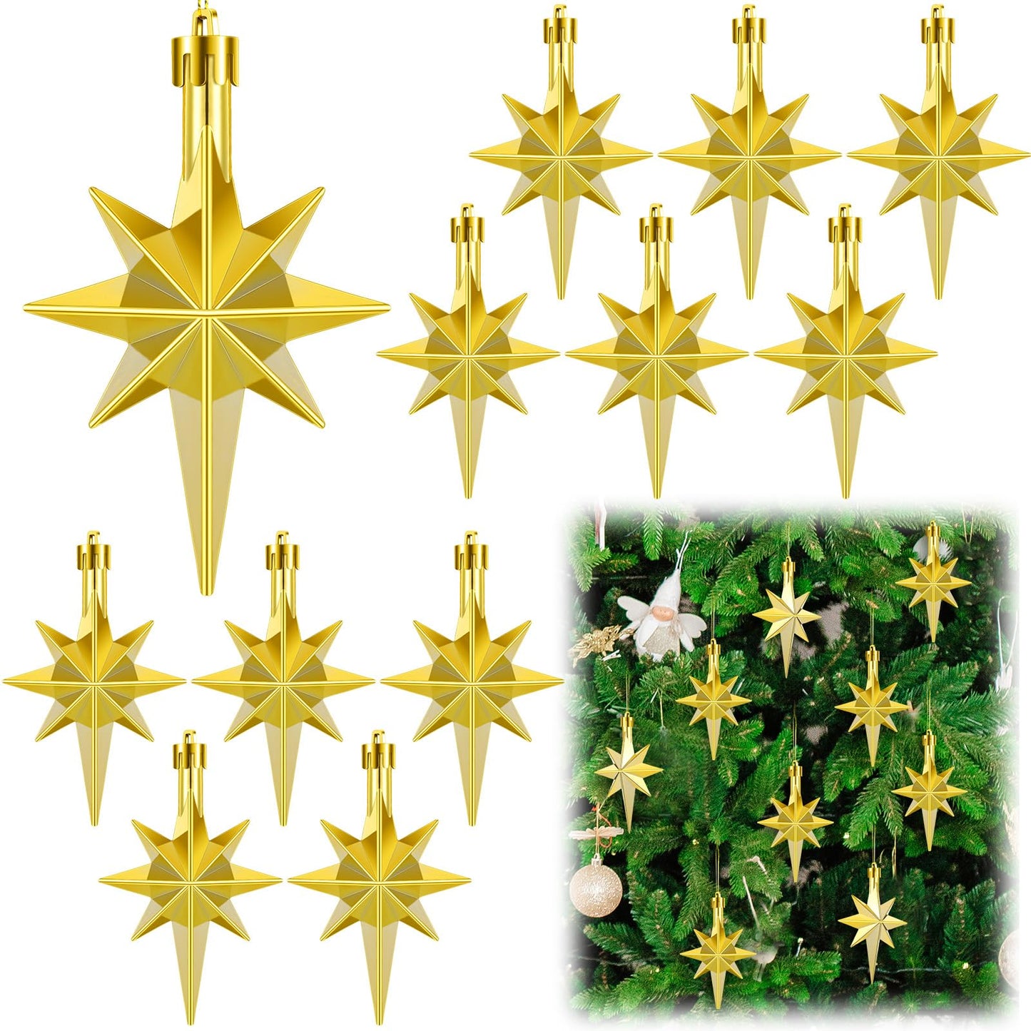 Syhood 12 Pcs Gold Christmas Bethlehem Star Ornament for Christmas Tree 3.14inch Bethlehem Star Ornament Plastic Hanging Gift Decor for Xmas Party