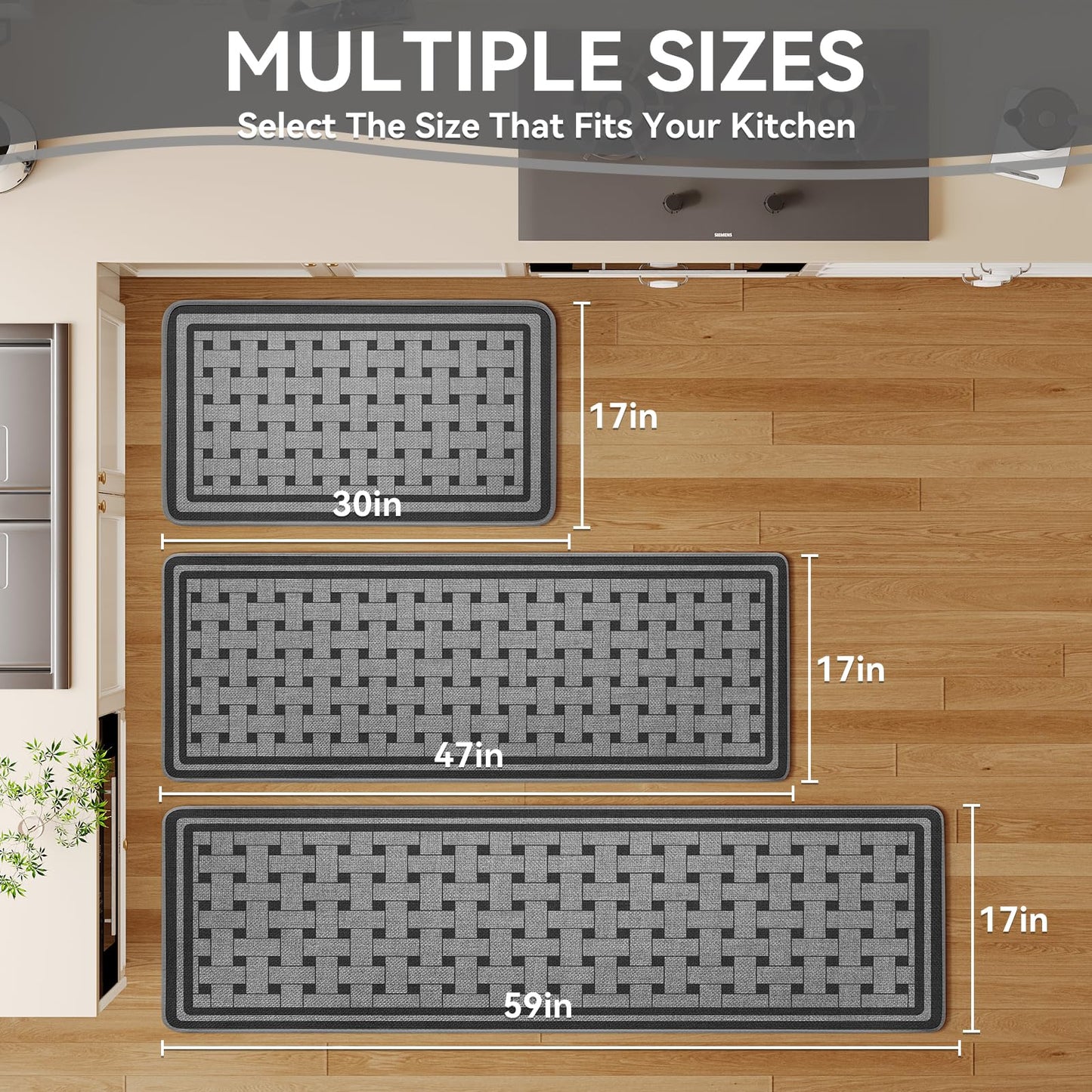 QiCaiJia Kitchen Mats for Floor, 17''x30'' Washable Absorbent Non Slip Kitchen Mat, Braided Kitchen Runner Rug, Kitchen Sink Rug, Grey
