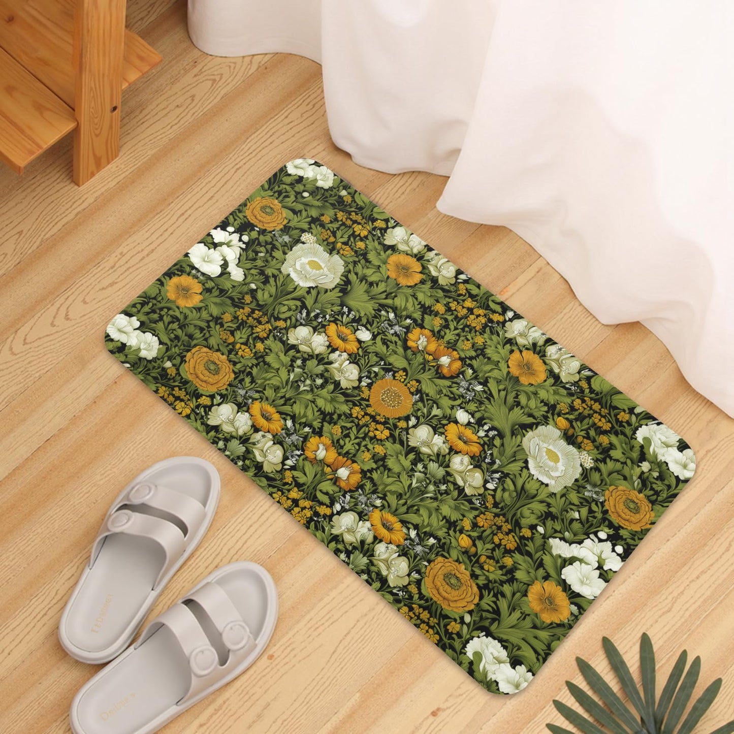 Wualmondor Dark Green Kitchen Rugs Set of 2 Floral Print Kitchen Mats 17"x47"+17"x30" Low Pile Washable Non Slip Rubber Backing Floor Mats for Sink Laundry Home