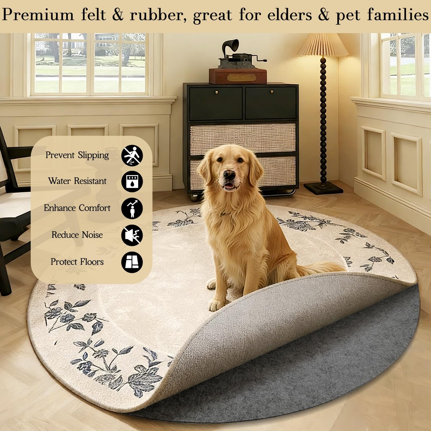 Non-Slip Waterproof Rug Pad, 5' Round Carpet Protector Mat, Round Felt Rug Pad for All Floors and Finishes, Keeps Rugs in Place Soft & Safe, from Sliding (5 FT)