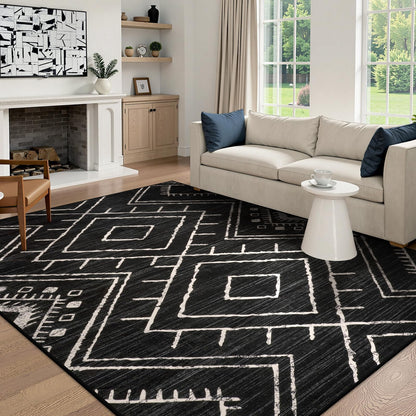 LIVEBOX Moroccan 8x10 Area Rug, Black Washable Rugs for Living Room Bedroom, Non Slip Western Tribal Rug Low Pile Geometric Large Area Rugs Diamond Carpet for Dining Room Home Office Decor Playroom