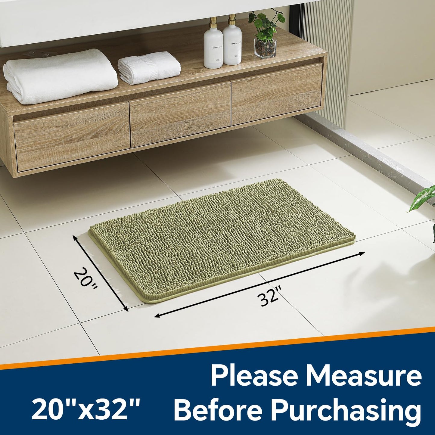 Kildoss Sage Green Bathroom Rugs 20"x32" - Thick Plush Chenille Non-Slip Bath Mat - Absorbent, Washable, Soft Decor for Sink, Shower, Tub, Kitchen, Home Accessories