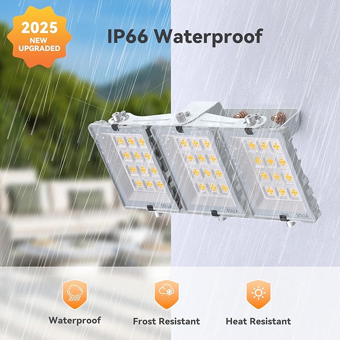 150W 2 Pack LED Flood Light Outdoor, 15000LM Super Bright Stadium Lights, 6000K Daylight White, IP66 Waterproof, 3 Heads Adjustable Outdoor Floodlight for Yards, Arena, Street, Garden