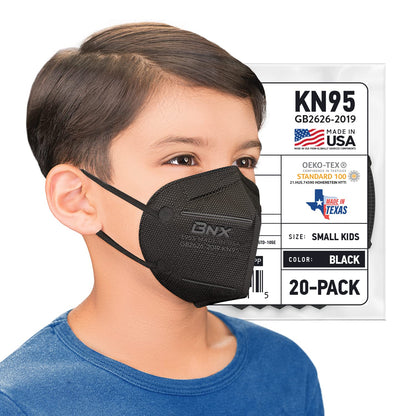 BNX 20-Pack Kids KN95 Face Mask, Disposable Particulate KN95 Mask Made in USA, Protection Against Dust, Pollen and Haze (20 Pack) (Earloop) (Model: E95S) Black