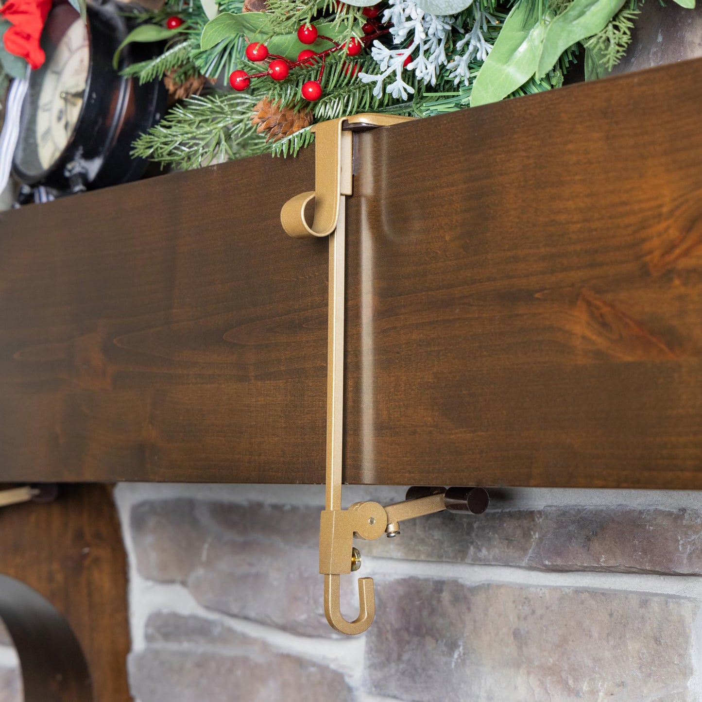 [Fireplace Stocking and Garland Hanger] - Patented Mantle Holder Has Two Hooks - Hold Christmas Stocking and Hang Garland - Durable Wrought Iron - Padded Contact Points (2 Pack - Gold)