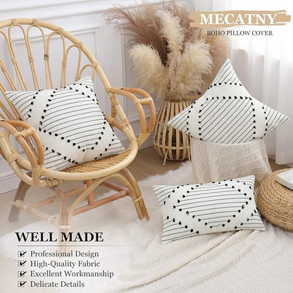 Mecatny Boho Outdoor Throw Pillow Covers 12X20 Set of 2, Farmhouse Lumbar Pillow Covers for Couch Sofa Living Room, Black & Cream White