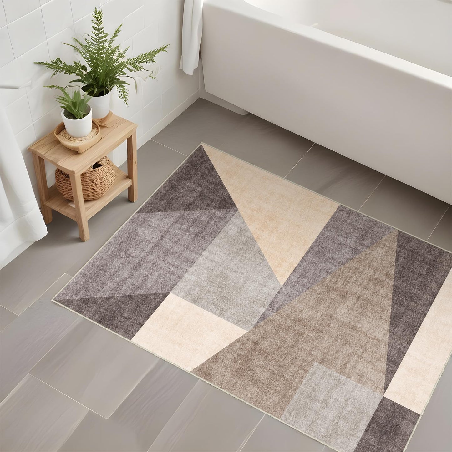 Washable Modern 2x3 Area Rug: Non-Slip Small Throw Carpet Pet Friendly Low Pile Mat for Entryway Kitchen Bedroom Bathroom Floor Stain Resistant Indoor Geometric Rug Brown/Grey