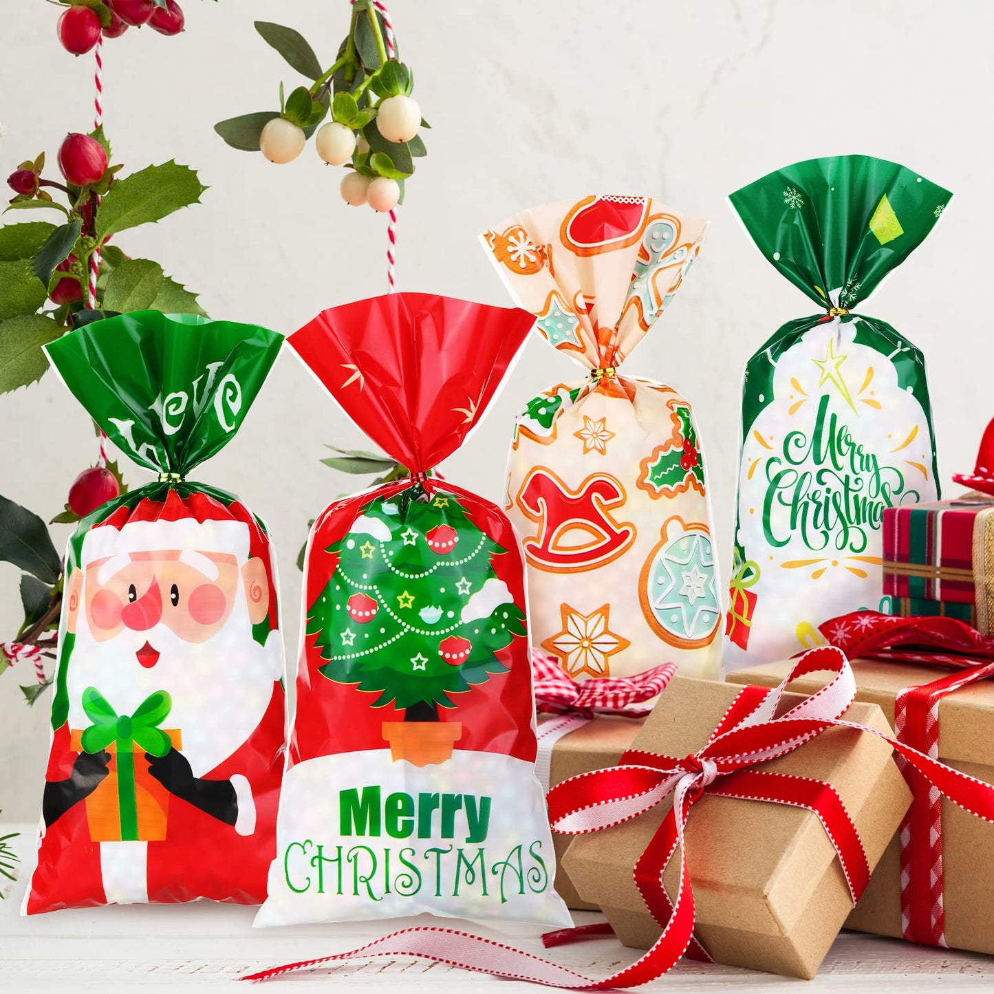 Spiareal 200 Pcs Christmas Cellophane Candy Goodie Bags Bulk Xmas Gift Treat Cookie Popcorn Bags Plastic Santa Claus Christmas Hat Snowman With 300 Ties Christmas Party Favor Supplies