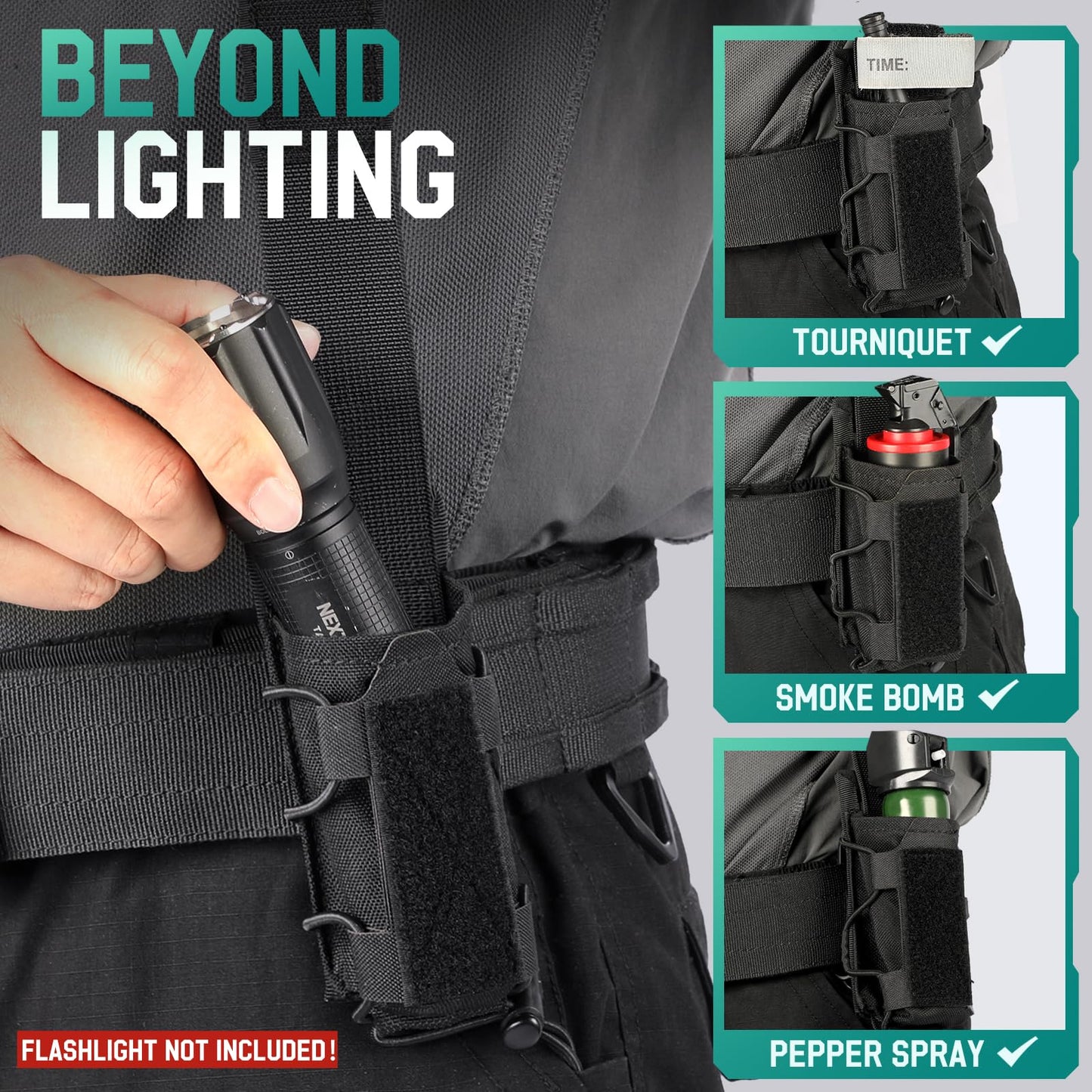 LIVANS Flashlight Holster for Duty Belt,Tactical Flashlight Holder Pouch,Nylon Torch Carry Case Sheath for Police Vest Security Correction Officer Outdoor Camping Accessories,with PVC Transparent Flap