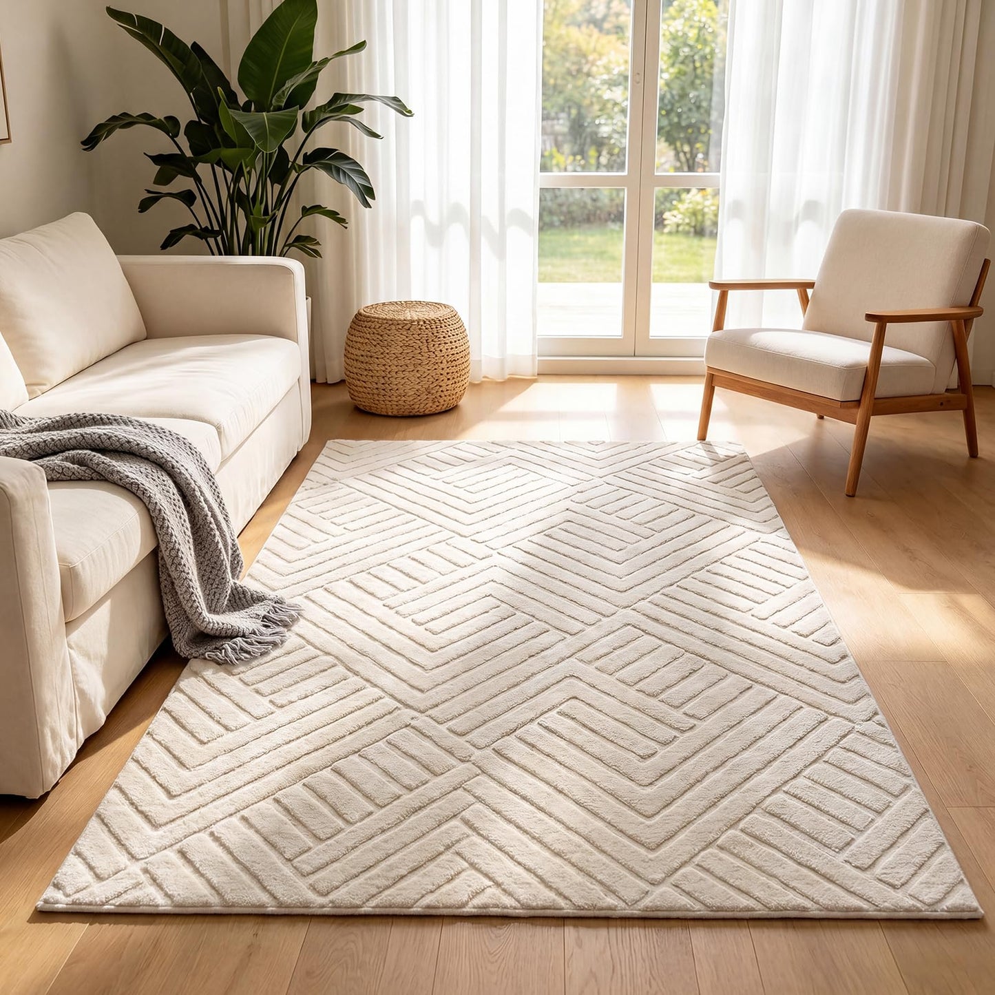 Bsmathom 5x7 Washable Area Rug, Boho Neutral Modern Soft Carpet Mat, Beige