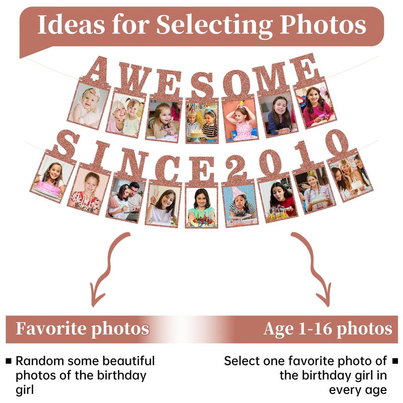Pre-strung Awesome Since 2010 Photo Banner Birthday Decorations for Girls Women- Pink Rose Gold Glitter Sweet 16th Birthday and Anniversary Decorations Party Supplies