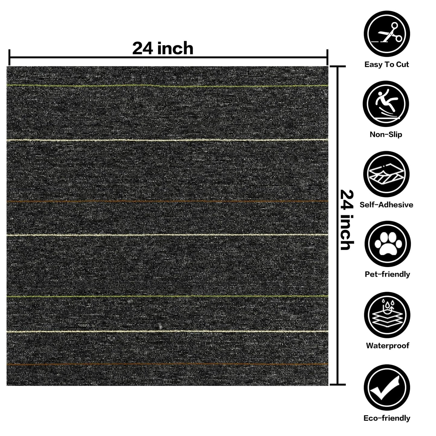 24 * 24in Self-Adhesive Carpet Tiles, Peel and Stick Floor Squares for Home Office, Removable Decorative Rug Mat, Easy Install, Sound Absorbing (10Pcs Dark Grey)