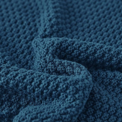 Longhui bedding Blue Knitted Throw Blanket for Couch, Soft, Cozy Machine Washable 100% Cotton Sofa Knit Blankets, Heavy 4.0lb Weight, 60 x 80 Inches, Laundry Bag Included