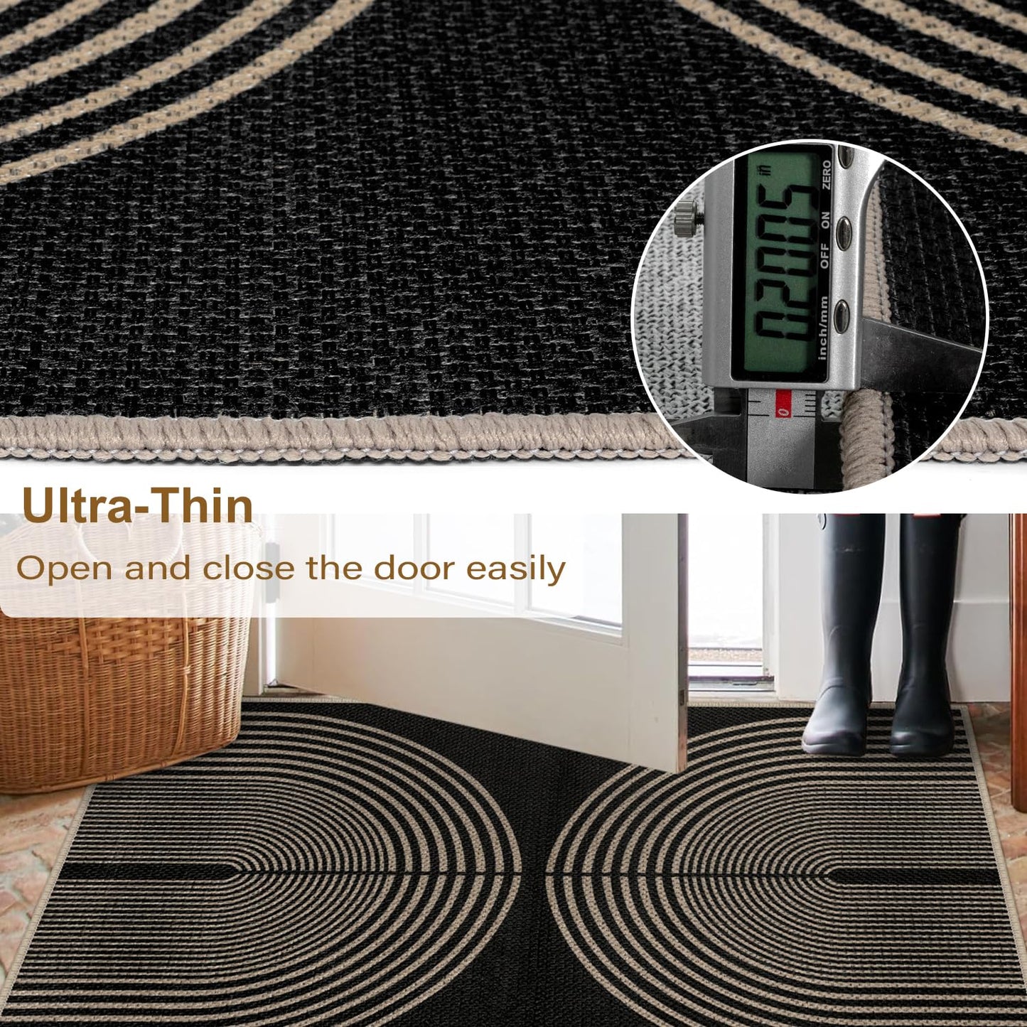 Rugalia Easy Jute 5x7 Outdoor Patio Rug, Washable Black Boho Rainbow Rugs for Living Room, Non-Slip Modern Farmhouse Outdoor Mat Neutral Abstract Floor Carpet for Patio Dining Room Backyard