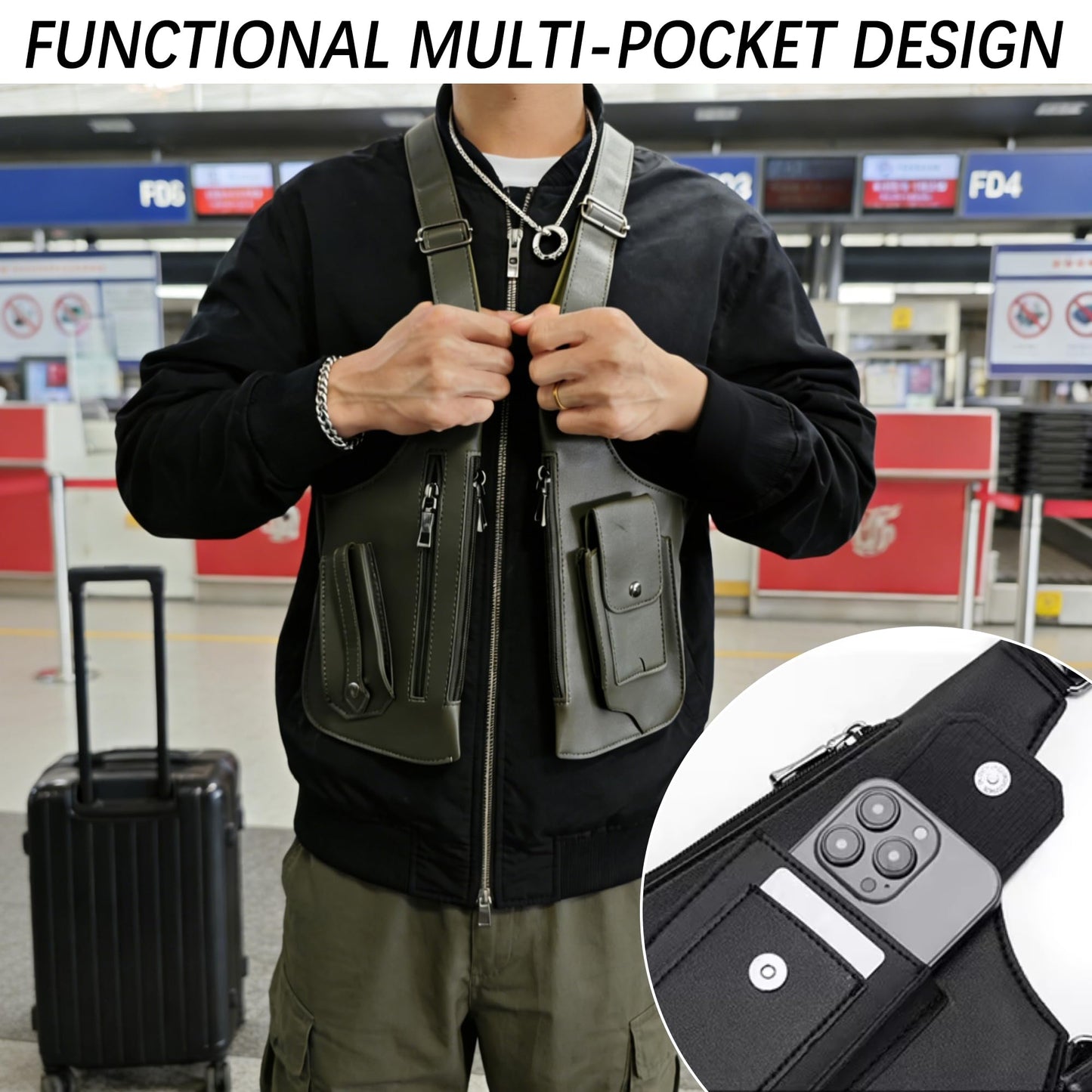 QZAVIRE Double Shoulder Armpit Bag, Leather Adjustable Underarm Shoulder Bag Hidden Underarm Strap Wallet Holster for Outdoor (Burgundy)