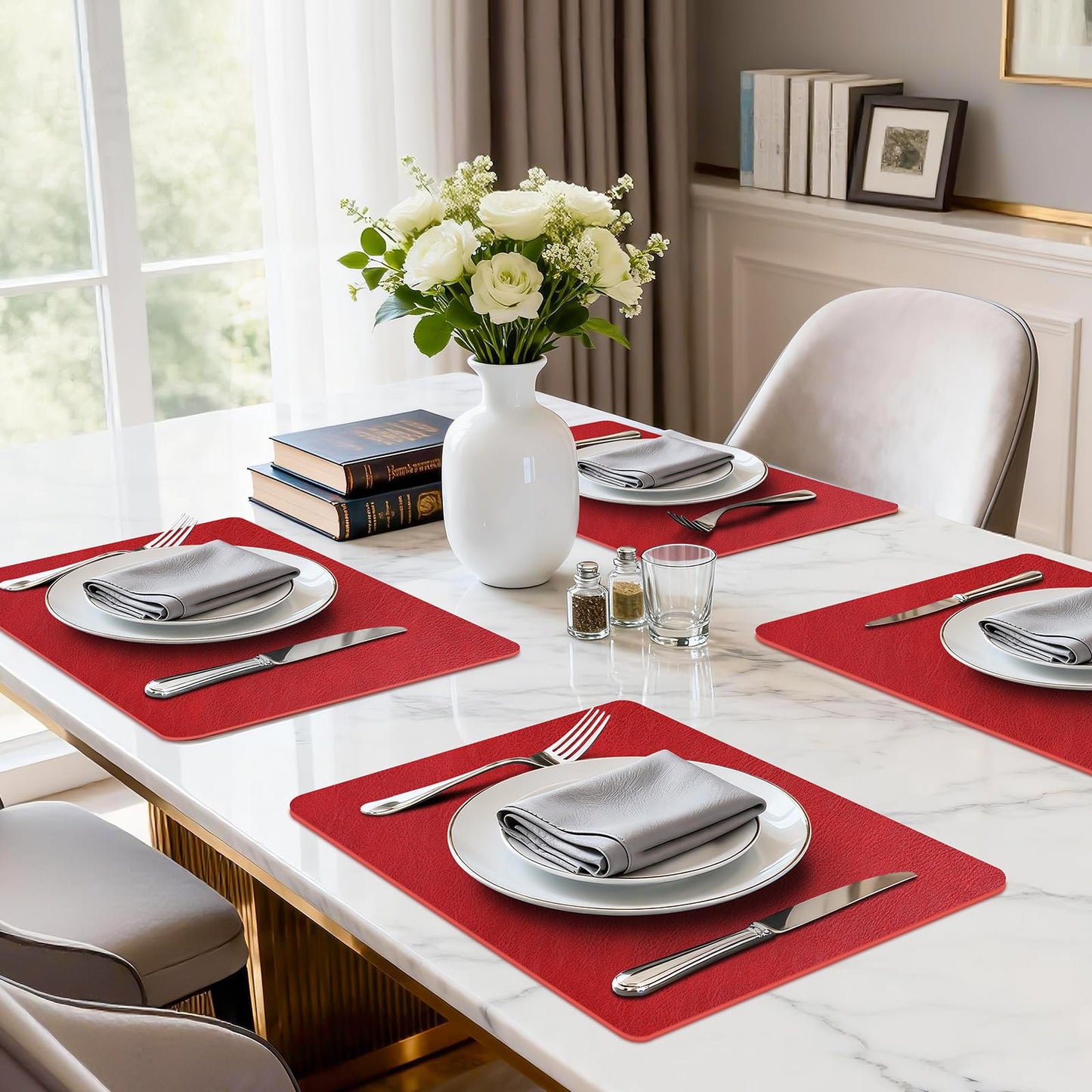 APLKER Faux Leather Placemats Set of 6, Washable Place Mats, Vinyl Placemats Wipeable Waterproof Oil-Proof Heat Resistant PU Table Mats for Dining, Kitchen, Hotel(Red)