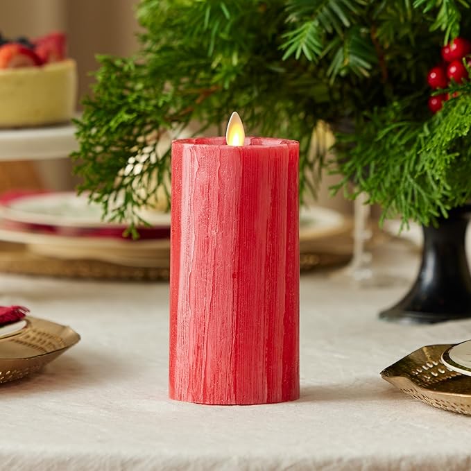 Luminara Selenite Looking Flameless Candle, Holiday Red 3" x 6.5", Battery Operated Real Wax Moving Flame LED Pillar w/Timer, Home Decor Unscented