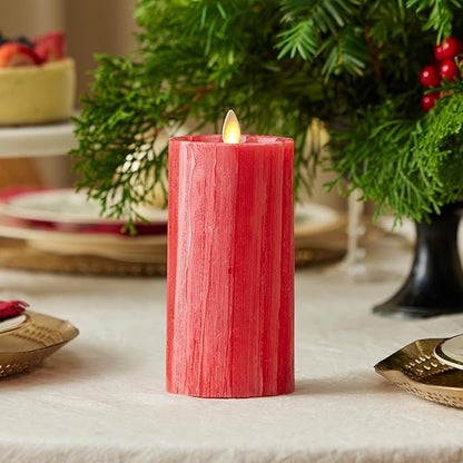 Luminara Selenite Looking Flameless Candle, Holiday Red 3" x 6.5", Battery Operated Real Wax Moving Flame LED Pillar w/Timer, Home Decor Unscented