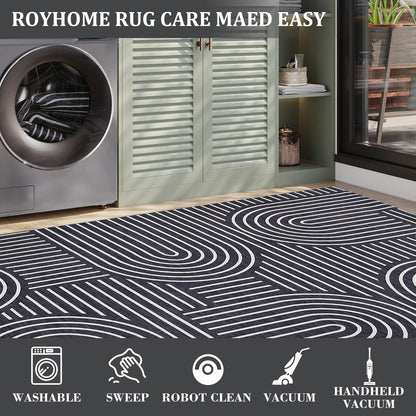 ROYHOME Washable Rug 5x7 Area Rugs for Living Room, Abstract Rug for Bedroom, Soft Rainbow Non Slip Throw Rugs with Rubber Back, Low Pile Stain Resistant Boho Geometric Carpet for Dining Room, Black