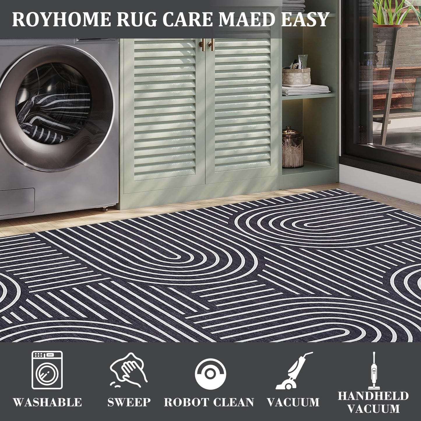 ROYHOME Modern Rug 2x6 Runners for Hallways, Abstract Kitchen Runner Rugs Non Slip Bath Runner, Rainbow Washable Runner Rug for Bedroom, Soft Long Rugs for Entryway Bathroom Laundry Dorm, Black