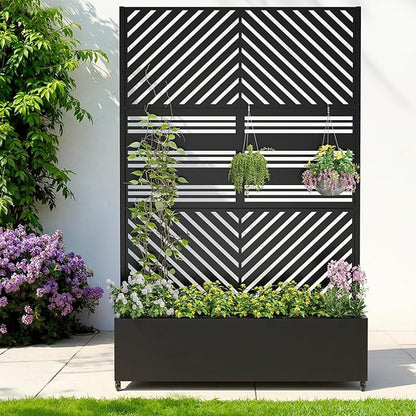 Metal Raised Garden Bed with Trellis & Wheels,72" x 47"x 15.7" Planter Box with Trellis,Privacy Planters for Patio,Garden Bed for Climbing Plants,Suitable for climbing plants and vegetables,Black