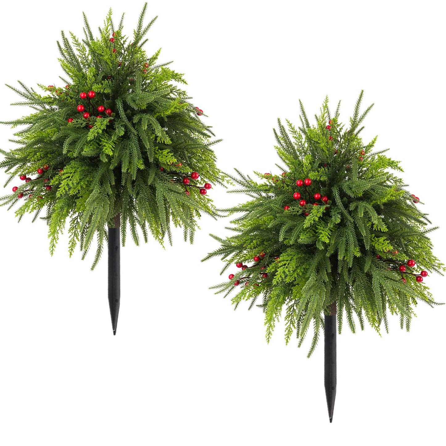 FJAKA 2 Pack 24" Christmas Tree Urn Fillers for Outdoor Planters, Artificial Greenery Cedar Pots with Pine Cones and Red Berry, for Front Porch, Garden, Cemetery Yard and Holiday Decor