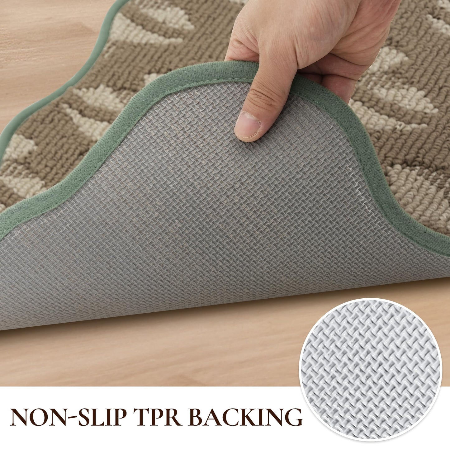 FLOORHUG Non-Slip Kitchen Rugs Set of 2, Scalloped Kitchen Mats for Floor, Absorbent and Stain Resist Kitchen Floor Mat, Washable Kitchen Runner Rug for Laundry&Sink, 17"x30"+17"x72", Leaf/Beige