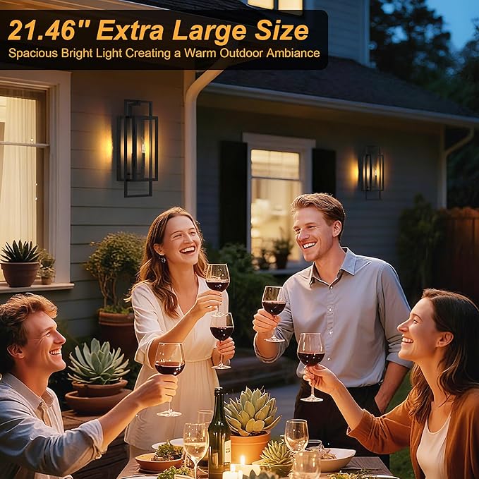 𝟐𝟏.𝟒𝟔𝐈𝐍 Outdoor Light Fixture, Dusk to Dawn Outdoor Lighting 2-Light, Waterproof Outdoor Wall Lights with Tempered Glass, Black Front Open Window Outdoor Lights for House Porch Patio