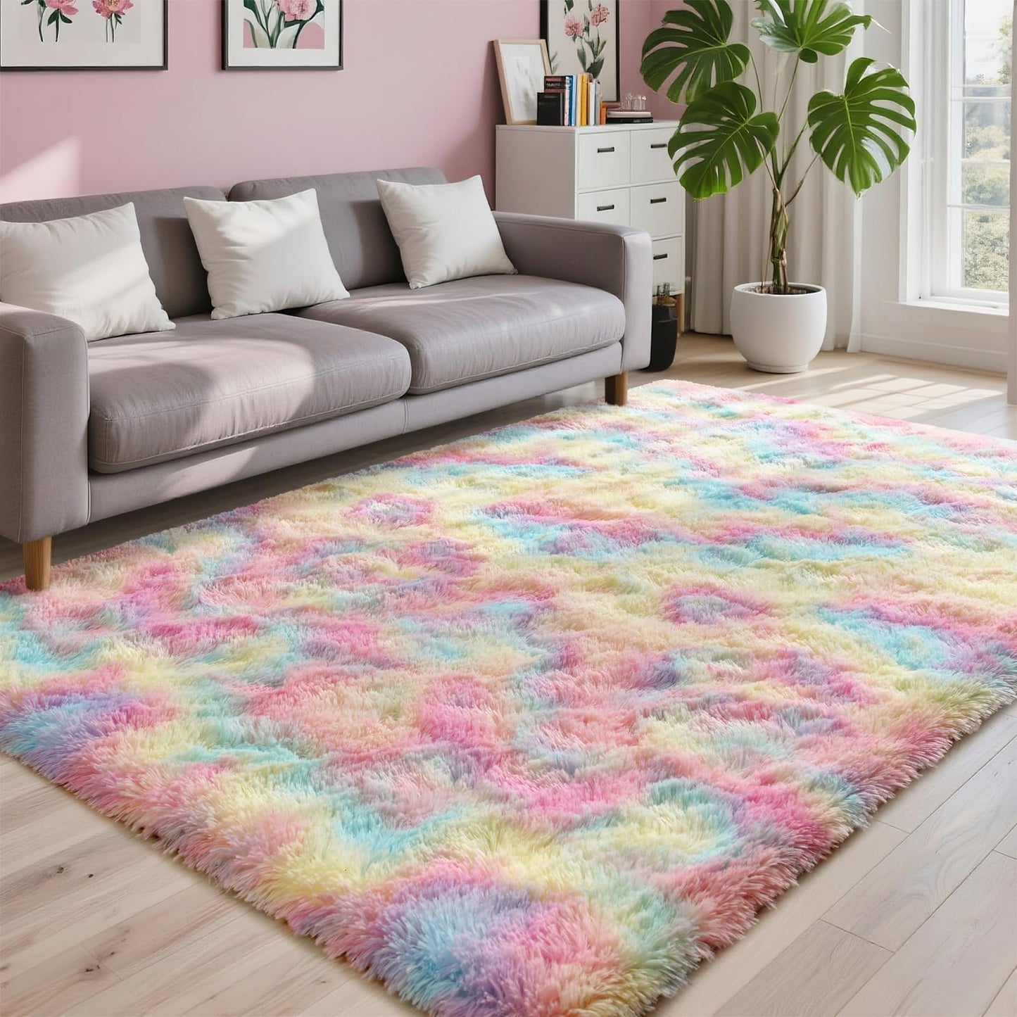 Terrug Fluffy Area Rug for Bedroom, Rainbow 3x5 Ft Throw Rug for Living Room Kids Room, Ultra-Soft Plush Washable Carpet with Non-Slip Rubber Backing, Cozy Floor Decoration