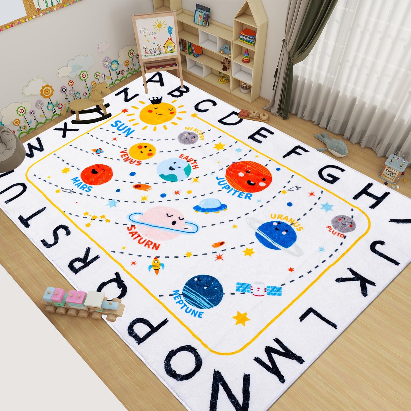 LTKOUGFAM ABC Space Kids Rug,4'11" x 6'7" Non-Slip Solar System Alphabet Rugs, Washable Rug, Soft Plush Educational Large Rug for Classroom playroom Bedroom Kids Room Decor(for Age 2+)