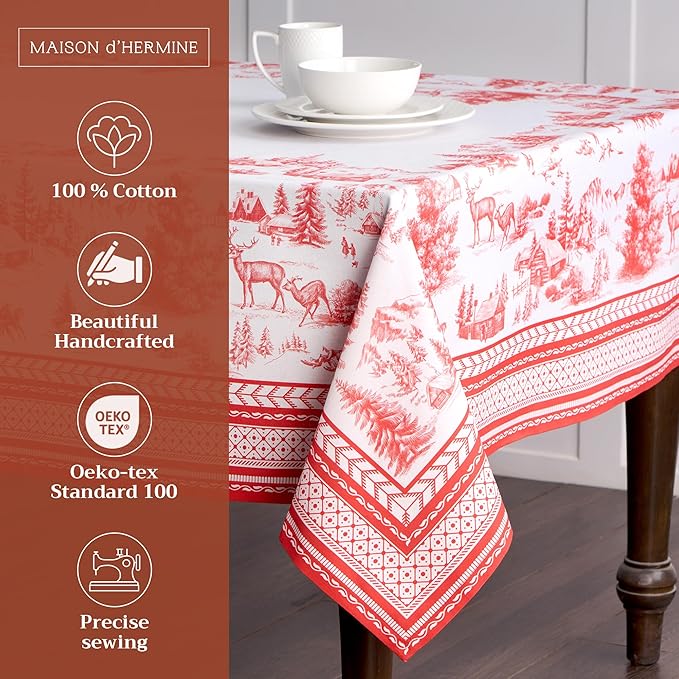 Maison d' Hermine Table Cloth Rectangle Table 100% Cotton 60 x 108 Inches Fall Tablecloth Reusable Everyday Use for Thanksgiving Christmas Decorations Dining Farmhouse Party (Winter Jouy)