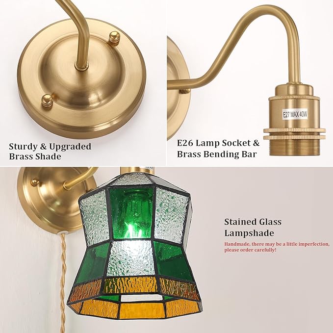 Plug in Wall Sconces Set of 2, Vintage Wall Lamps with Polygonal Checker Stained Glass Shade, Brass Lights Fixture Decor for Bedroom Bathroom Living Room Hallway