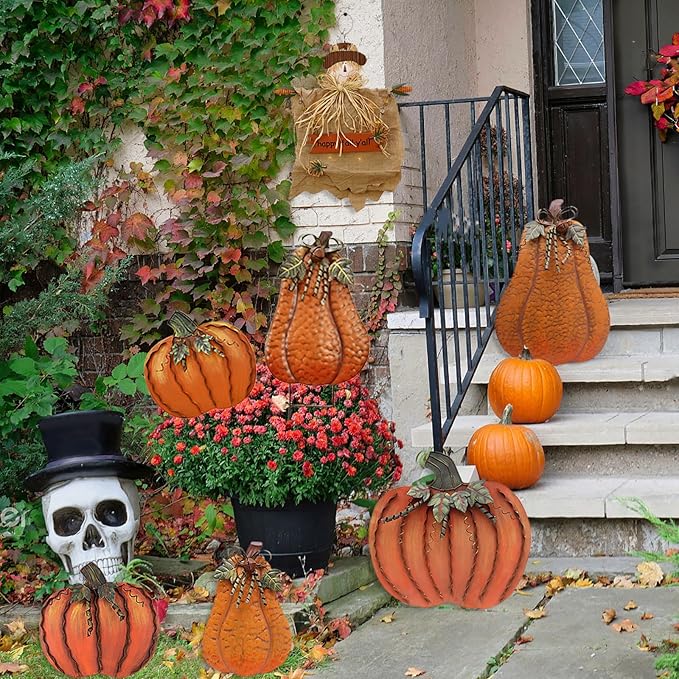 Metal Pumpkin Stakes Yard Signs Fall Decor Decorative Garden Stake Lawn Pumpkins Ornaments Outdoor Autumn Decoration for Harvest Halloween Thanksgiving (17.5" H +20" H Orange)