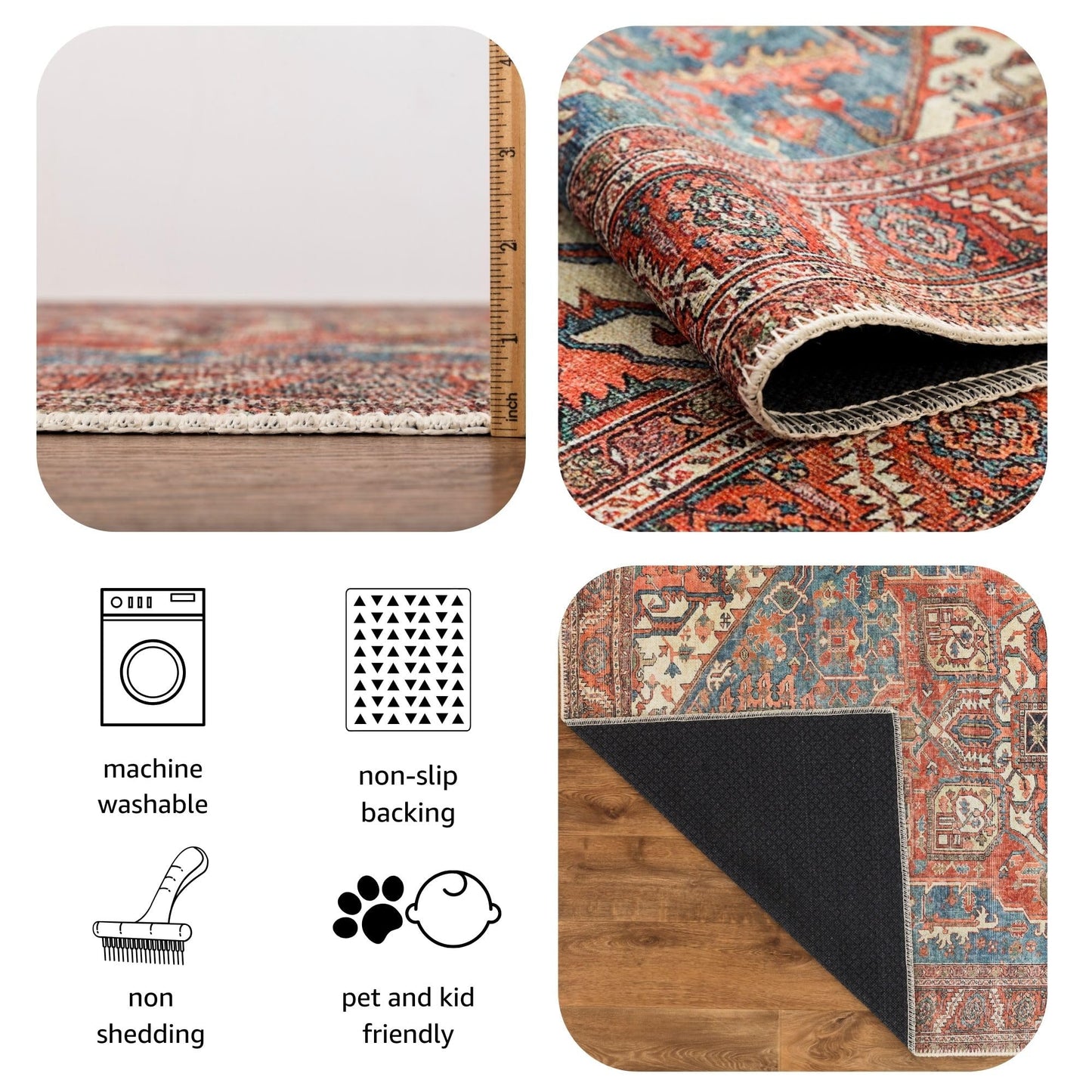 Keen Home Design 5x7 Rug - Machine Washable Area Rug with Non-Slip Backing, Ideal for Living Room, Dining Room, Bedroom - Vintage, Easy Clean, Durable, Low Pile Rug - (5' x 7')