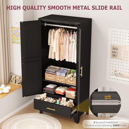 GAIOUS Metal Armoire Wardrobe Closet Cabinet with 2 Doors and Drawer, 71" | Household Wardrobe Cabinet with Hanging Rod, Clothing Storage Cabinet with Adjustable Shelf for Bedroom Cloak Room Gym Black
