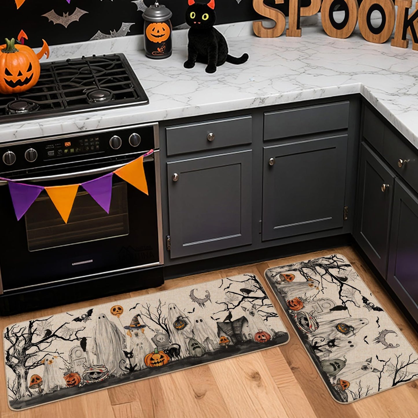 Moutina Halloween Boo Dog Ghost Decorative Kitchen Rugs Set of 2, Halloween Holiday Party Home Decor Low-Profile Kitchen Mats for Floor - 17x29 and 17x47 Inch