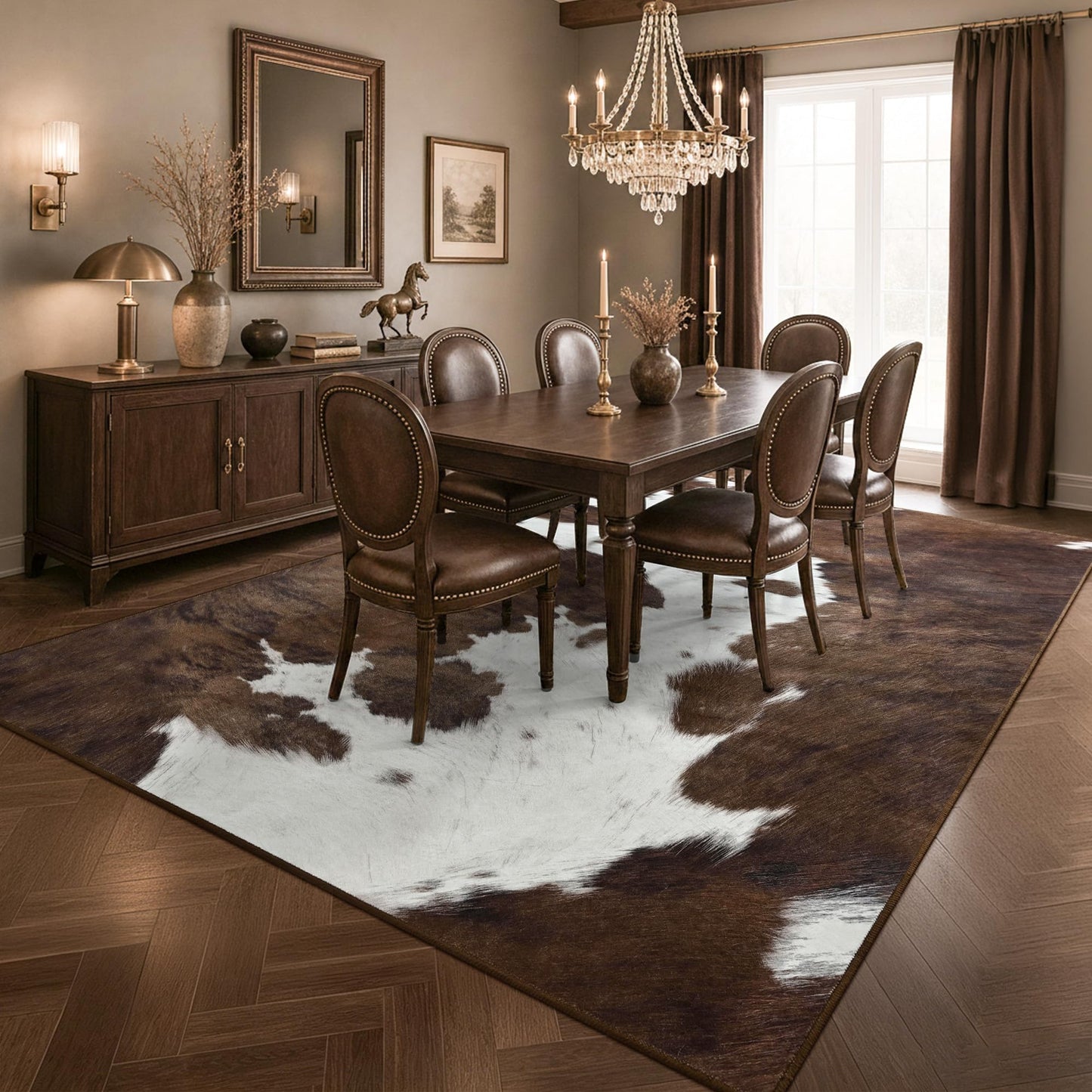 Foxmas Cow Print Rugs for Living Room Bedroom, 5x7 Washable Non-Slip Low Pile Indoor Floor Rug, Carpet for Dining Room Kitchen Office Western Home Decor, Brown