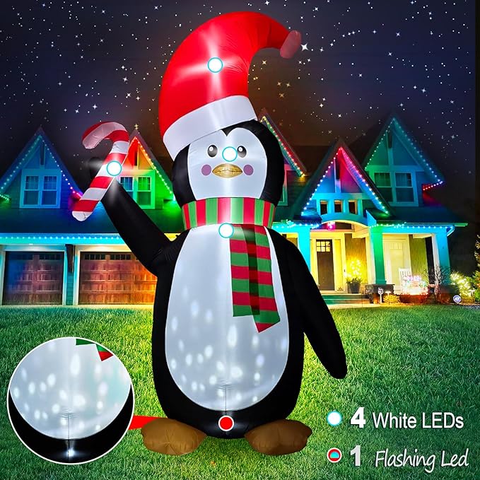 [Flash Light] 12FT Giant Christmas Inflatable Penguin Wear Santa Hat & Scarf Hold Candy Cane Decoration, Christmas Blow Up Penguin inflatable Built-in 4 White LED and 1 Flash Light Xmas Decor