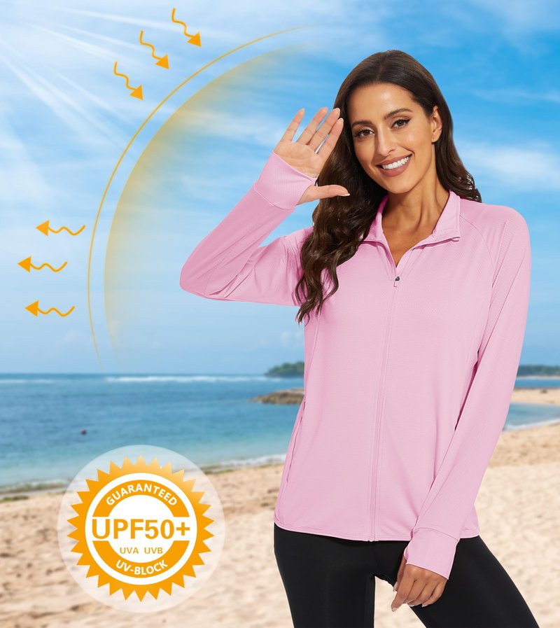 MAGCOMSEN Women's Zip Up Lightweight Long Sleeve Jacket UV Sun Protection Quick Dry Active Shirts Jacket with Zipper Pockets Light Pink S