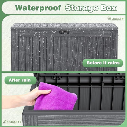 Greesum 120 Gallon Outdoor Storage Box with Lock - Large Resin Deck Box, Reinforced Lid for Garden, Patio, Lawn, Gray