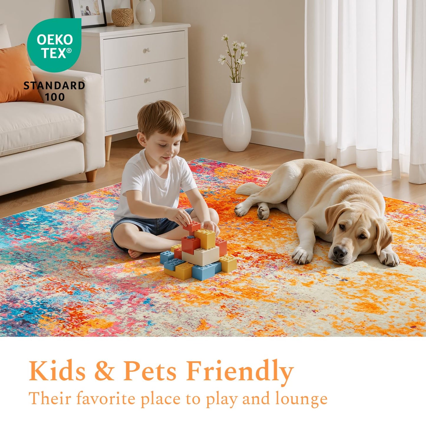 Rugflix 8x10 Area Rugs for Living Room, Colorful Rainbow Washable Rug Stain-Resistant Low Pile, Modern Large Carpet for Bedroom Dining Room Home Office Kids Room Nursery