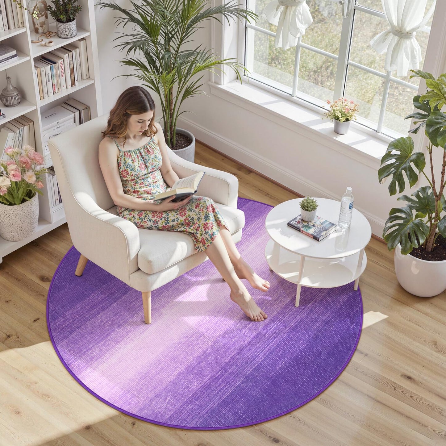 Wonnitar Modern Ombre Round Rugs 4ft, Washable Purple Bedroom Round Area Rug, Non-Slip Soft Circle Bathroom Throw Carpet, Gradient Low Pile Floor Mat for Bedside Entry (Purple, Round 4ft)