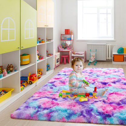 3x5 Tie-Dyed Pink Purple Blue Area Rug for Kids Entryway Kitchen, Fluffy Shag Soft Plush Furry Carpet, Non-Slip Indoor Floor Mat for Bathroom Living Room Bedroom Home Decor