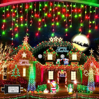 131 FT 1280 LED Christmas Lights Outdoor Decorations Super Long Clear Wire String Lights Plug in 240 Drops 8 Modes Memory Timer Curtain Fairy Lights Waterproof for Holiday Wedding Party-Red and Green